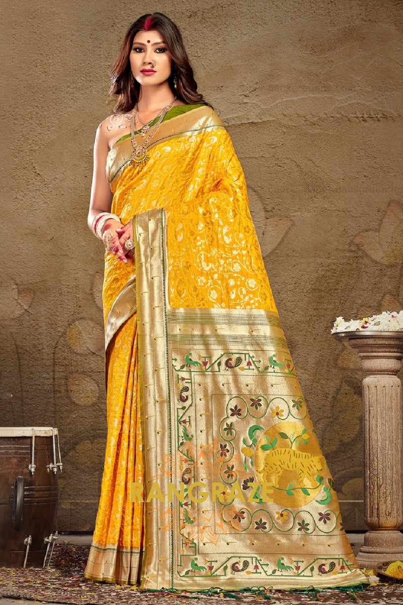 Charming Yellow Heavy Zari Pallu Paithani Silk Saree