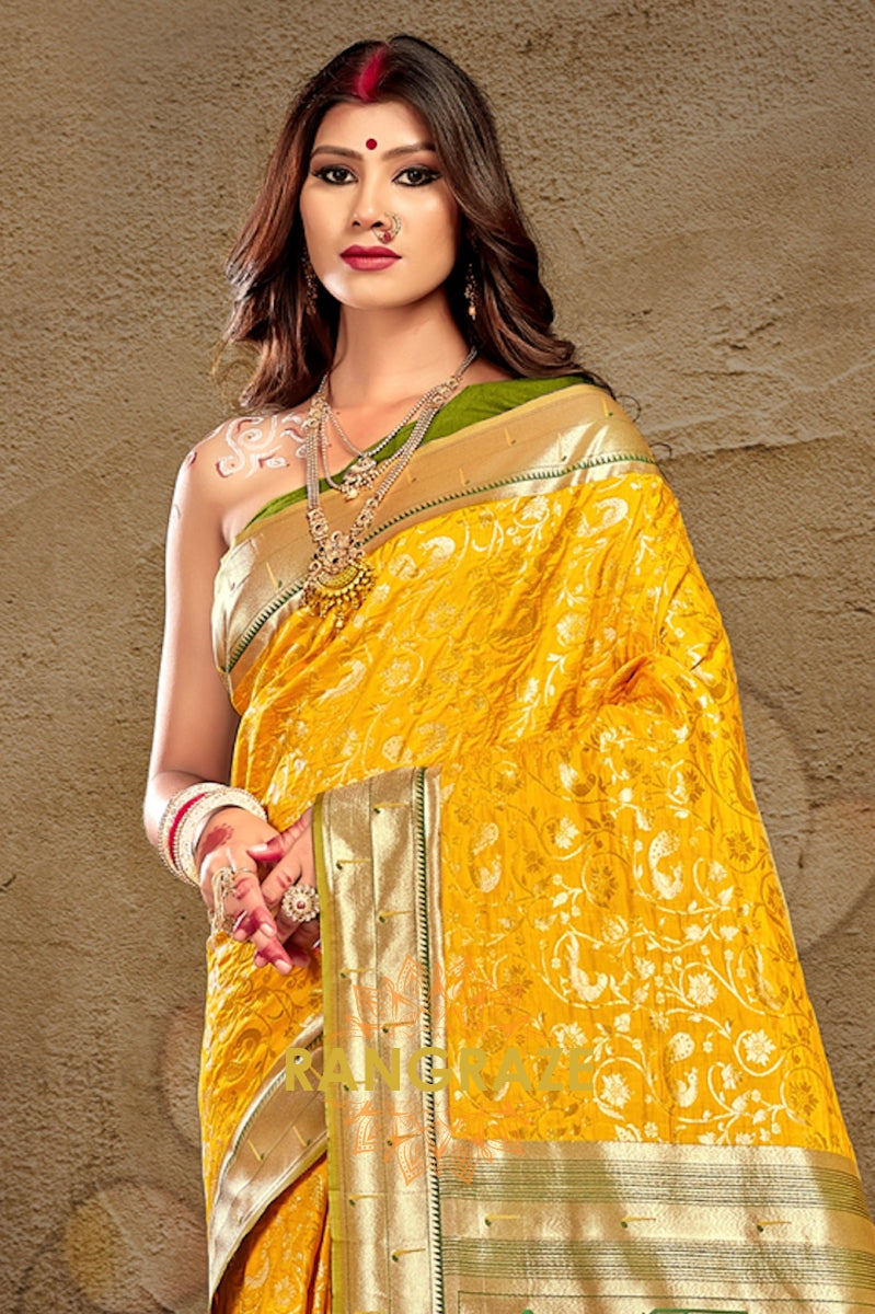 Charming Yellow Heavy Zari Pallu Paithani Silk Saree