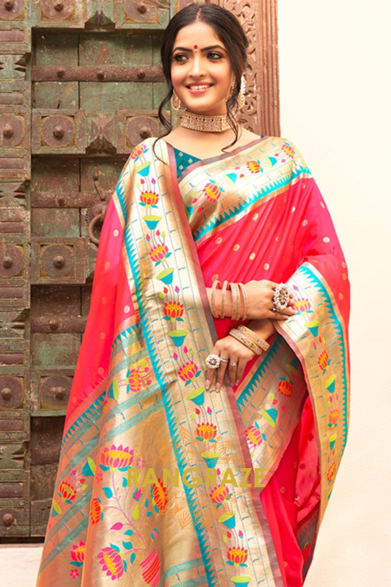 Alluring Red Heavy Zari Pallu Paithani Silk Saree