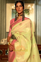 Lime Green Pure Linen Copper Zari Banarasi Weaving Saree