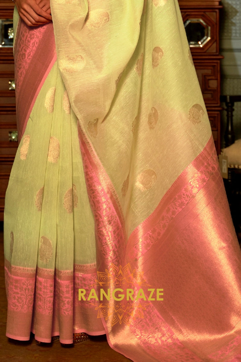 Lime Green Pure Linen Copper Zari Banarasi Weaving Saree