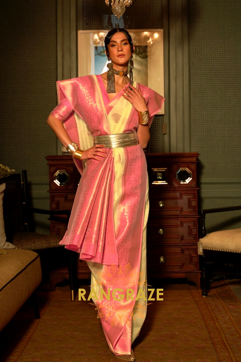 Lime Green Pure Linen Copper Zari Banarasi Weaving Saree
