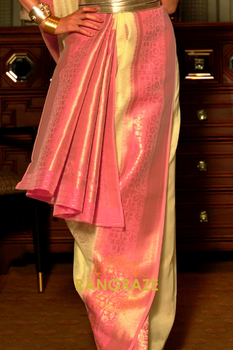 Lime Green Pure Linen Copper Zari Banarasi Weaving Saree