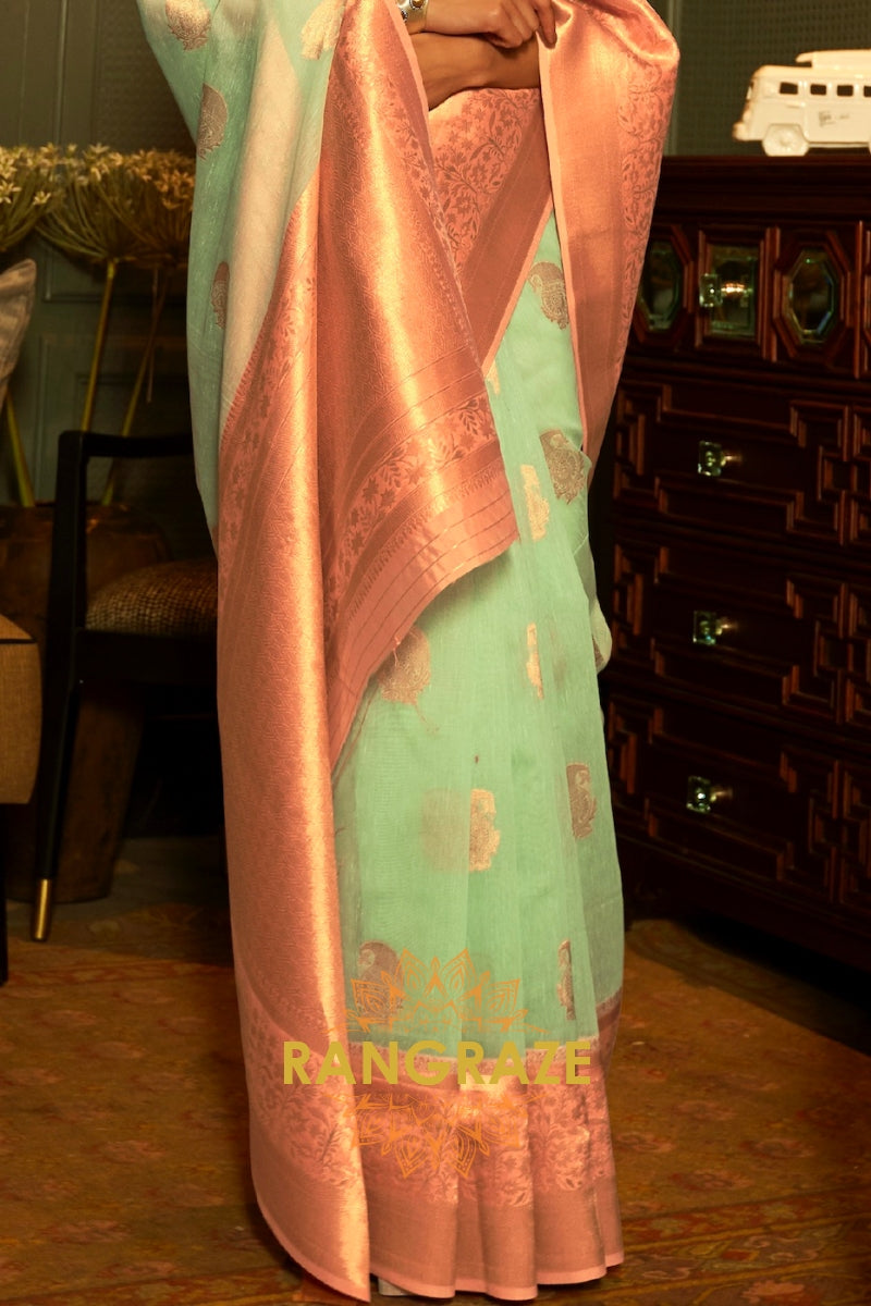 Sea Green Pure Linen Copper Zari Banarasi Weaving Saree