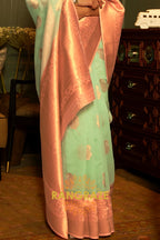 Sea Green Pure Linen Copper Zari Banarasi Weaving Saree