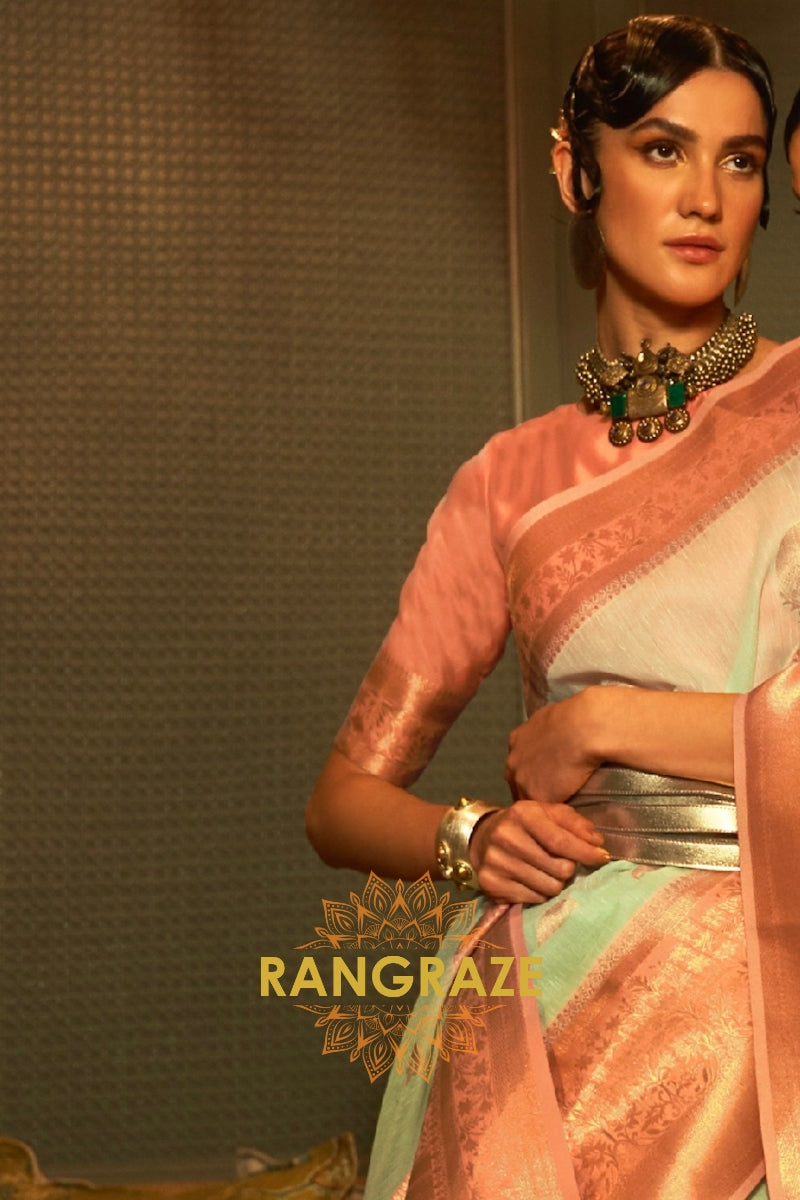 Sea Green Pure Linen Copper Zari Banarasi Weaving Saree