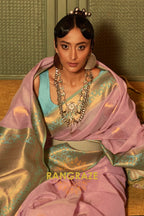 Rose Pink Pure Linen Copper Zari Banarasi Weaving Saree