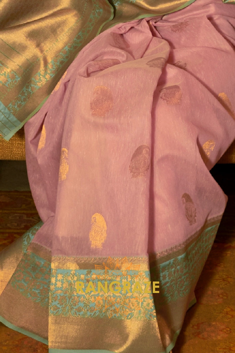 Rose Pink Pure Linen Copper Zari Banarasi Weaving Saree