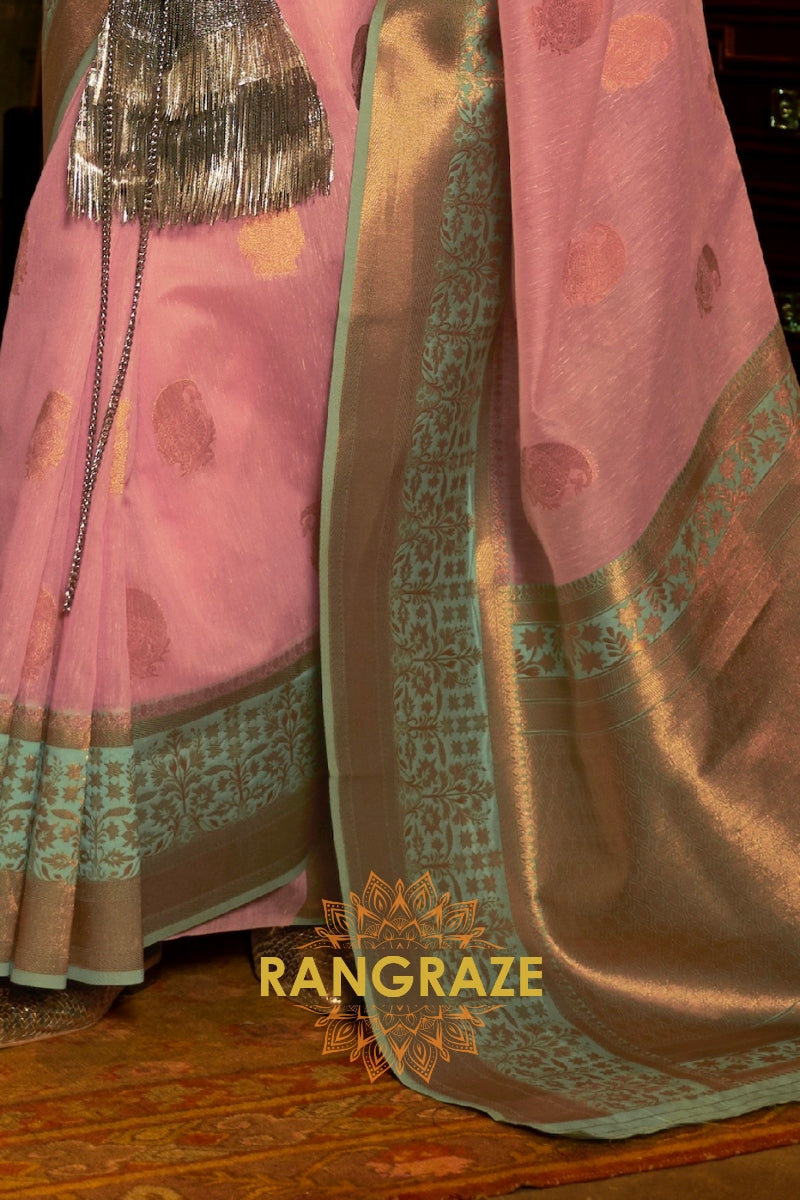 Rose Pink Pure Linen Copper Zari Banarasi Weaving Saree