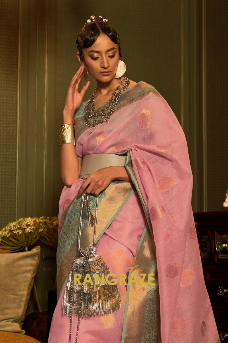 Rose Pink Pure Linen Copper Zari Banarasi Weaving Saree