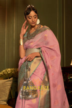 Rose Pink Pure Linen Copper Zari Banarasi Weaving Saree