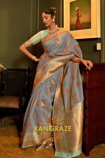 Slate Grey Pure Linen Copper Zari Banarasi Weaving Saree