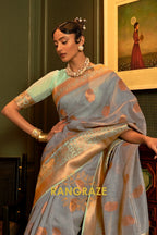 Slate Grey Pure Linen Copper Zari Banarasi Weaving Saree