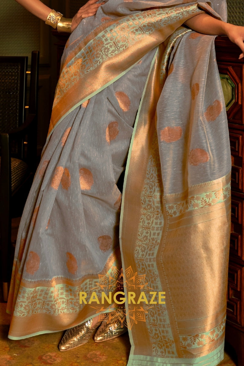 Slate Grey Pure Linen Copper Zari Banarasi Weaving Saree