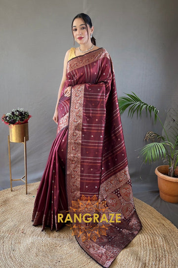 Maroon Silk Saree With Silver, Copper, And Antique Weaving