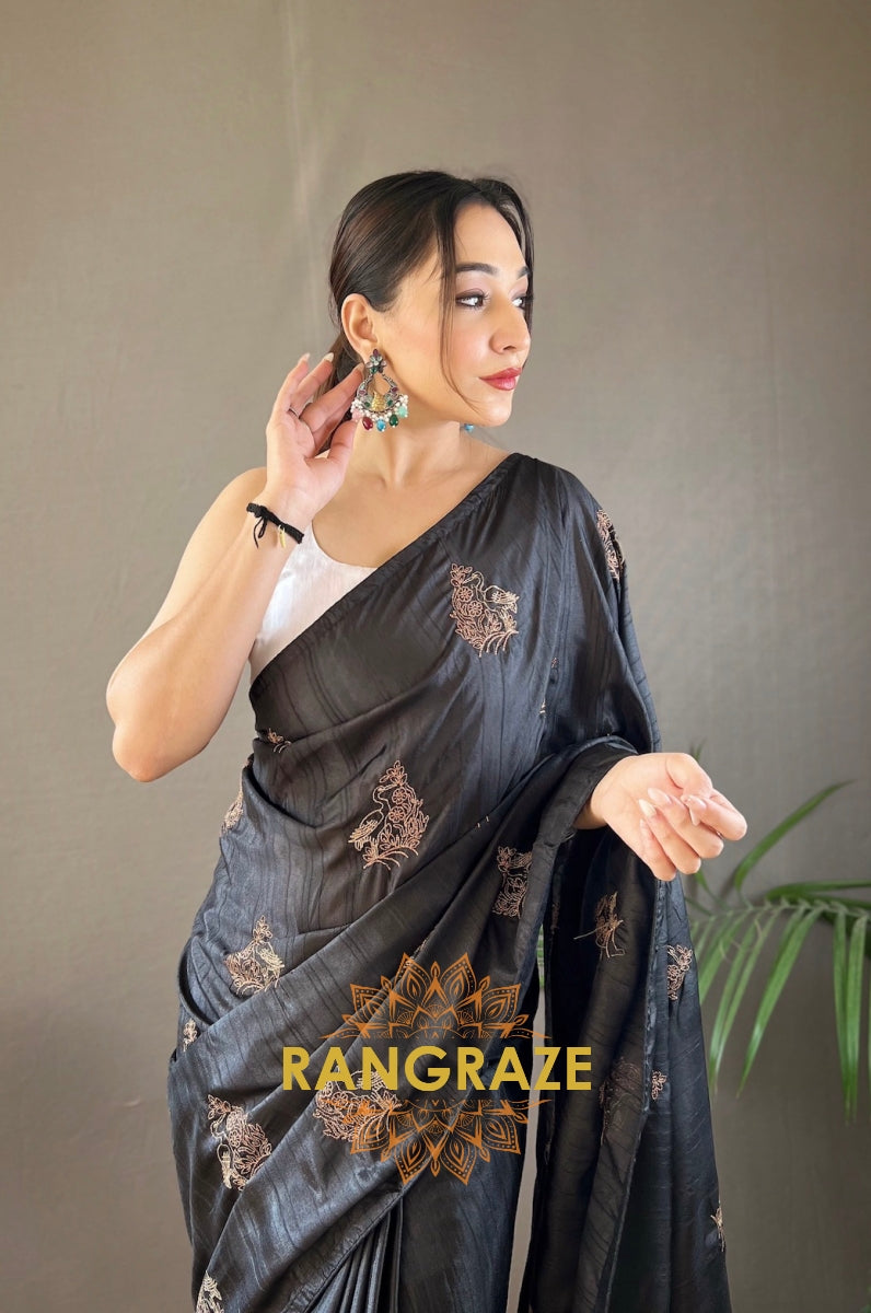 Jet Black Silk Saree With Zari-Based Embroidery And Piping