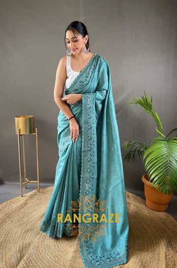 Turquoise Pure Matka Silk Soft Saree With Beautiful Work And Cutwork Border