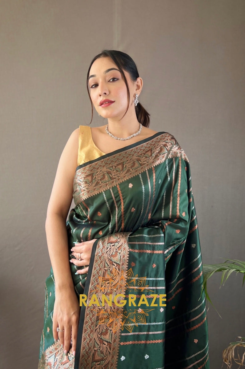 Green Silk Saree With Silver, Copper, And Antique Weaving