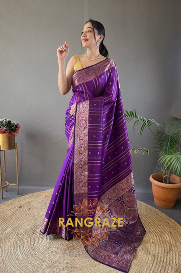 Purple Silk Saree With Silver, Copper, And Antique Weaving