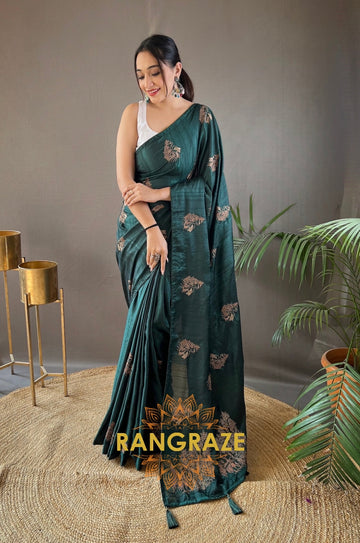 Dark Green Silk Saree With Zari-Based Embroidery And Piping