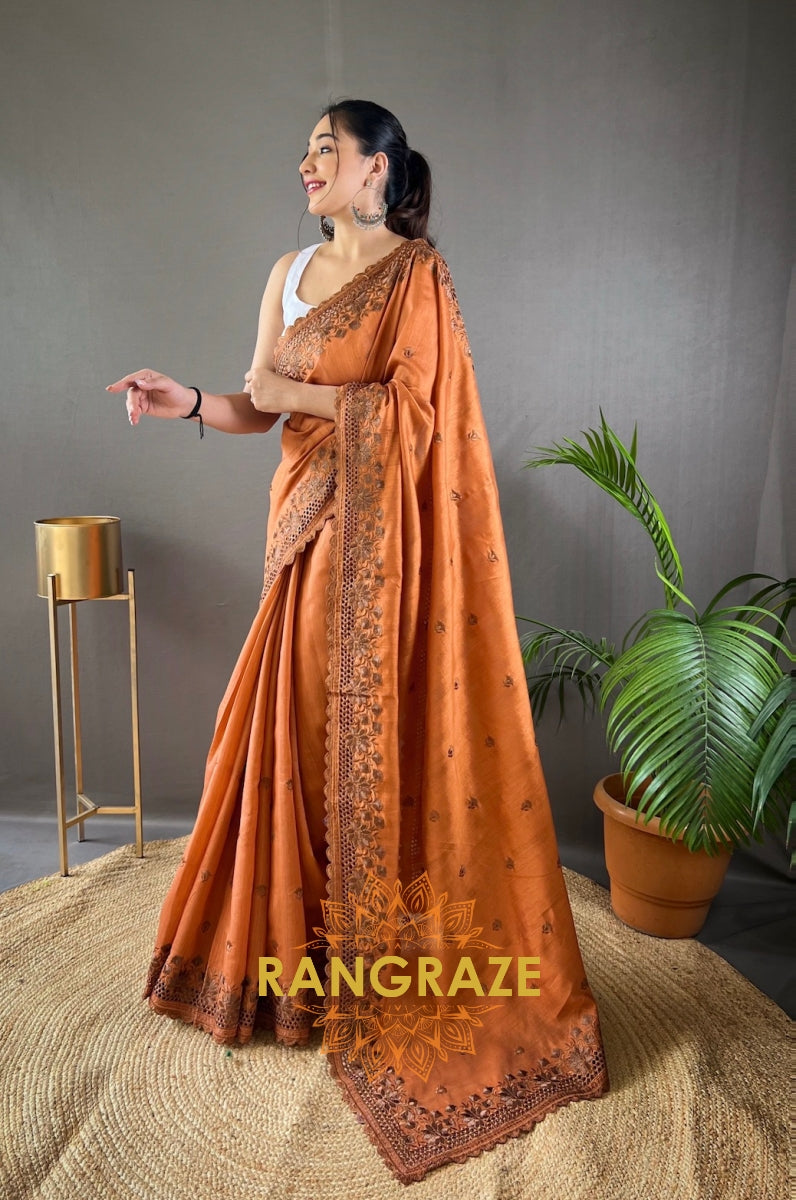 Orange Pure Matka Silk Soft Saree With Beautiful Work And Cutwork Border