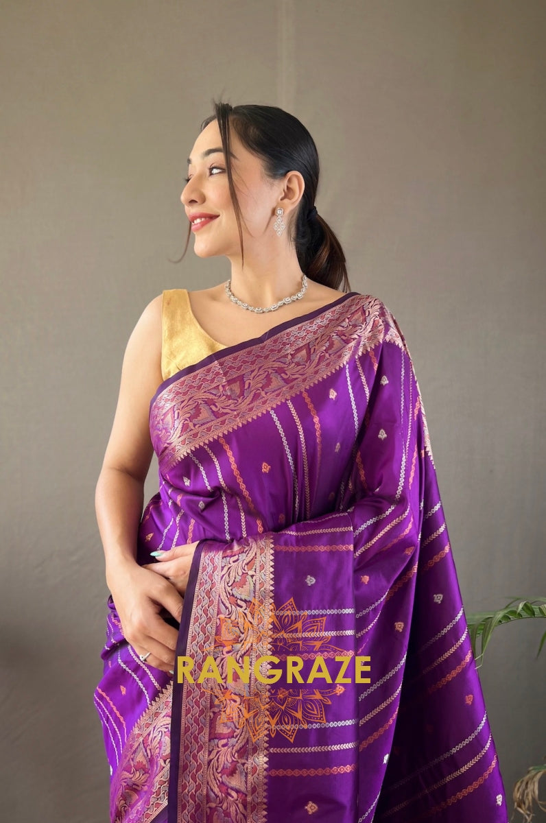 Purple Silk Saree With Silver, Copper, And Antique Weaving