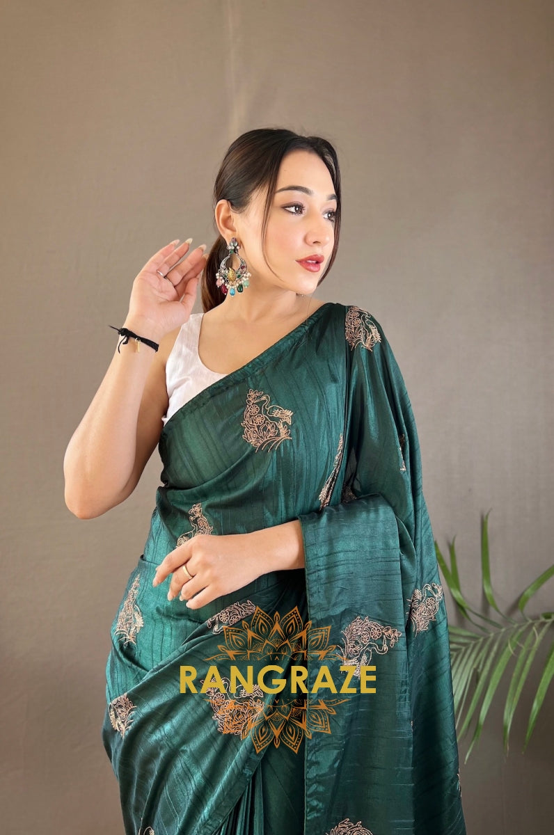 Dark Green Silk Saree With Zari-Based Embroidery And Piping