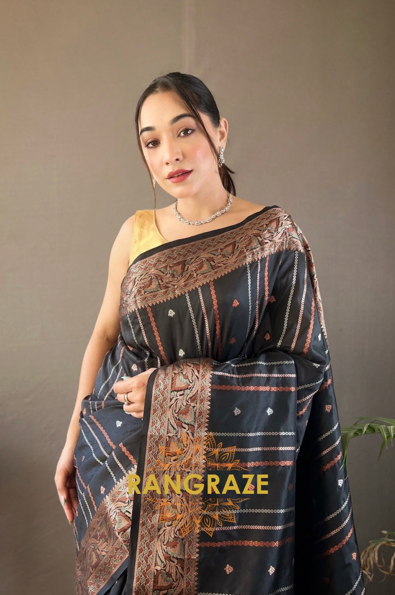 Black Silk Saree With Silver, Copper, And Antique Weaving