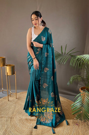 Turquoise Silk Saree With Zari-Based Embroidery And Piping