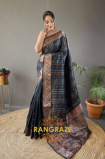 Black Silk Saree With Silver, Copper, And Antique Weaving