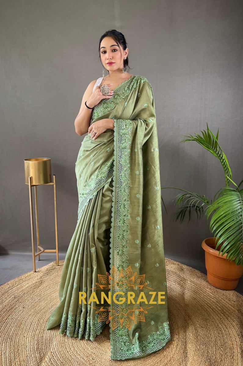 Parrot Green Pure Matka Silk Soft Saree With Beautiful Work And Cutwork Border