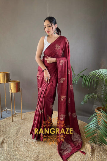 Pink Maroon Silk Saree With Zari-Based Embroidery And Piping