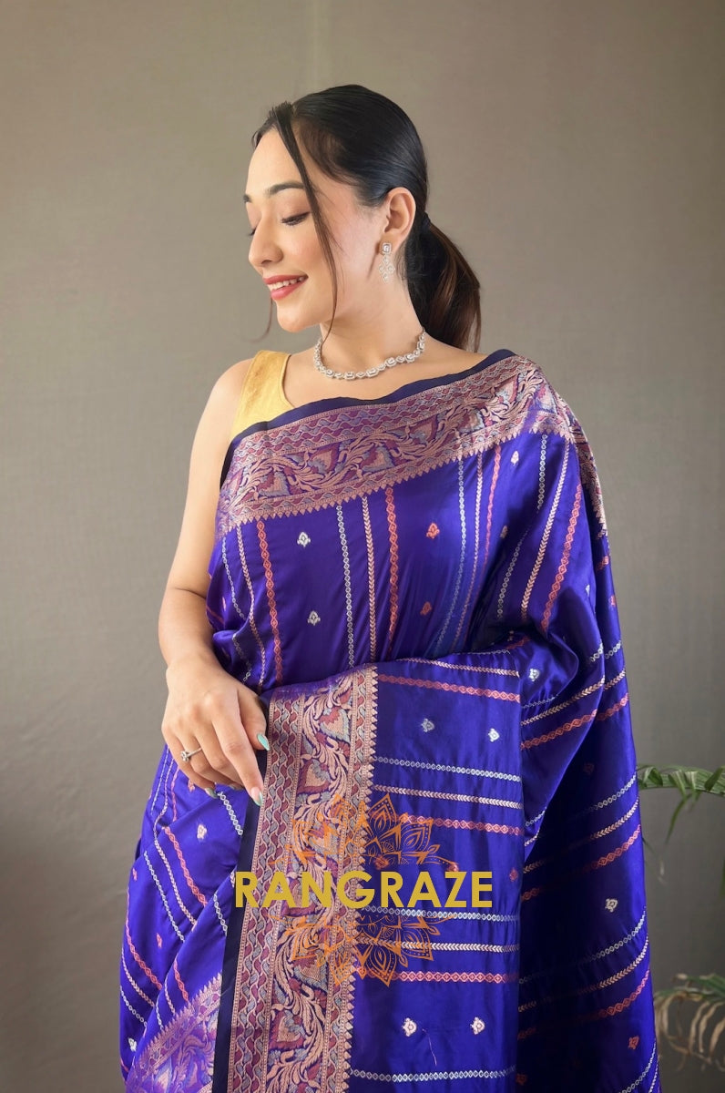 Blue Silk Saree With Silver, Copper, And Antique Weaving