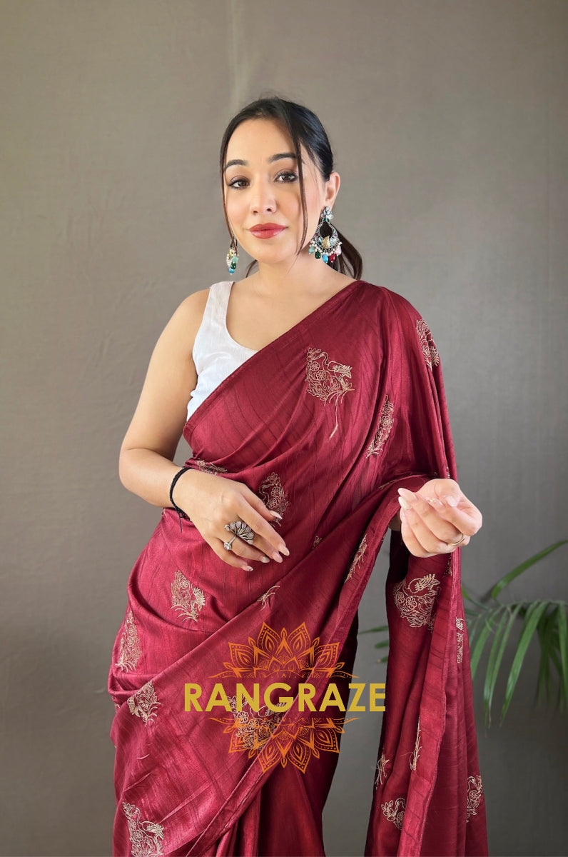 Pink Maroon Silk Saree With Zari-Based Embroidery And Piping