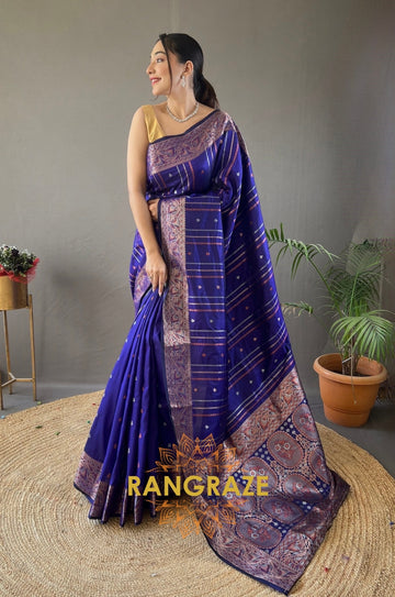 Blue Silk Saree With Silver, Copper, And Antique Weaving