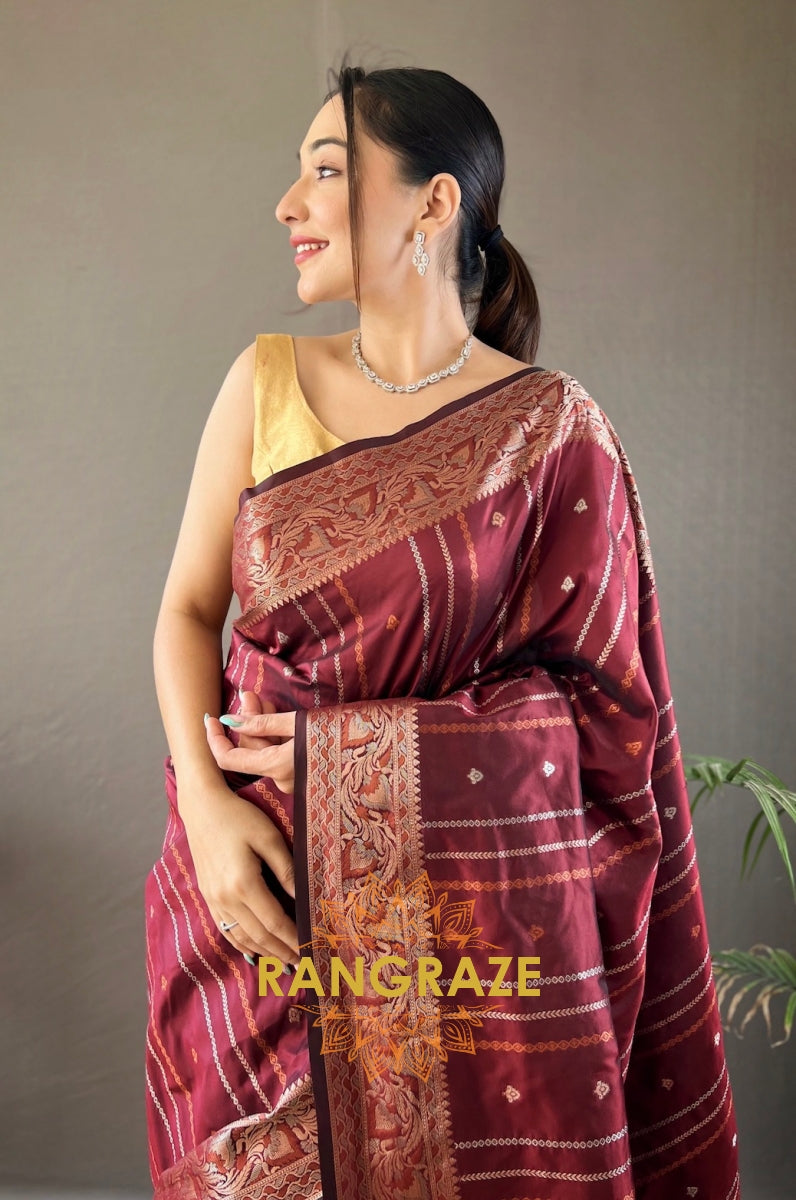 Maroon Silk Saree With Silver, Copper, And Antique Weaving