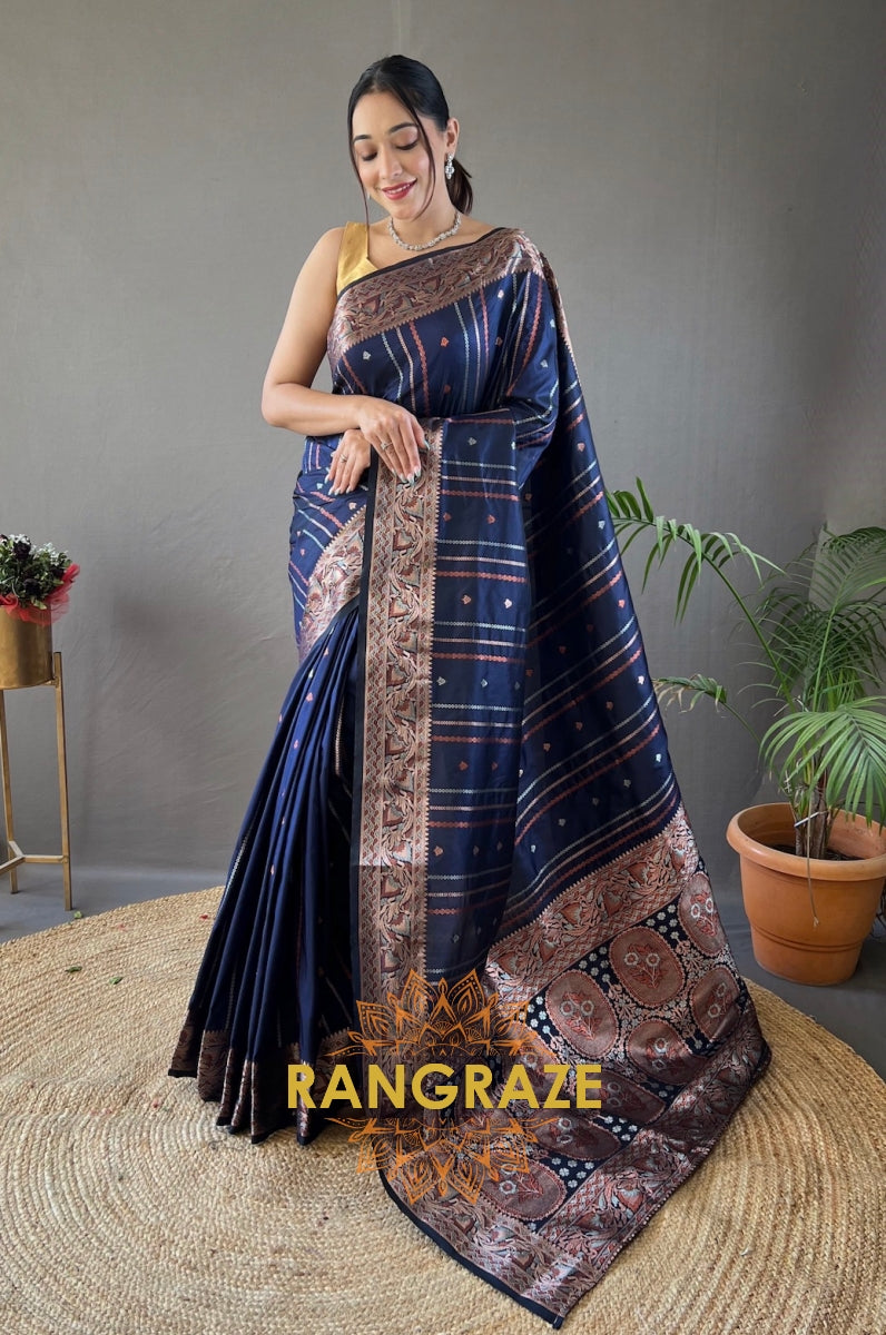 Indigo Blue Silk Saree With Silver, Copper, And Antique Weaving