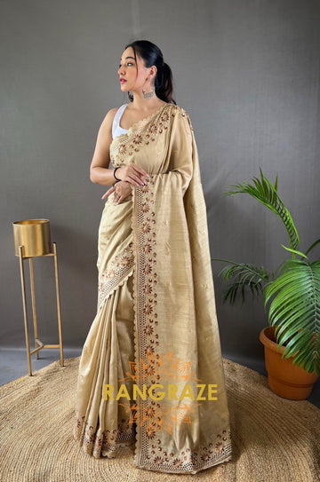 Beige Pure Matka Silk Soft Saree With Beautiful Work And Cutwork Border