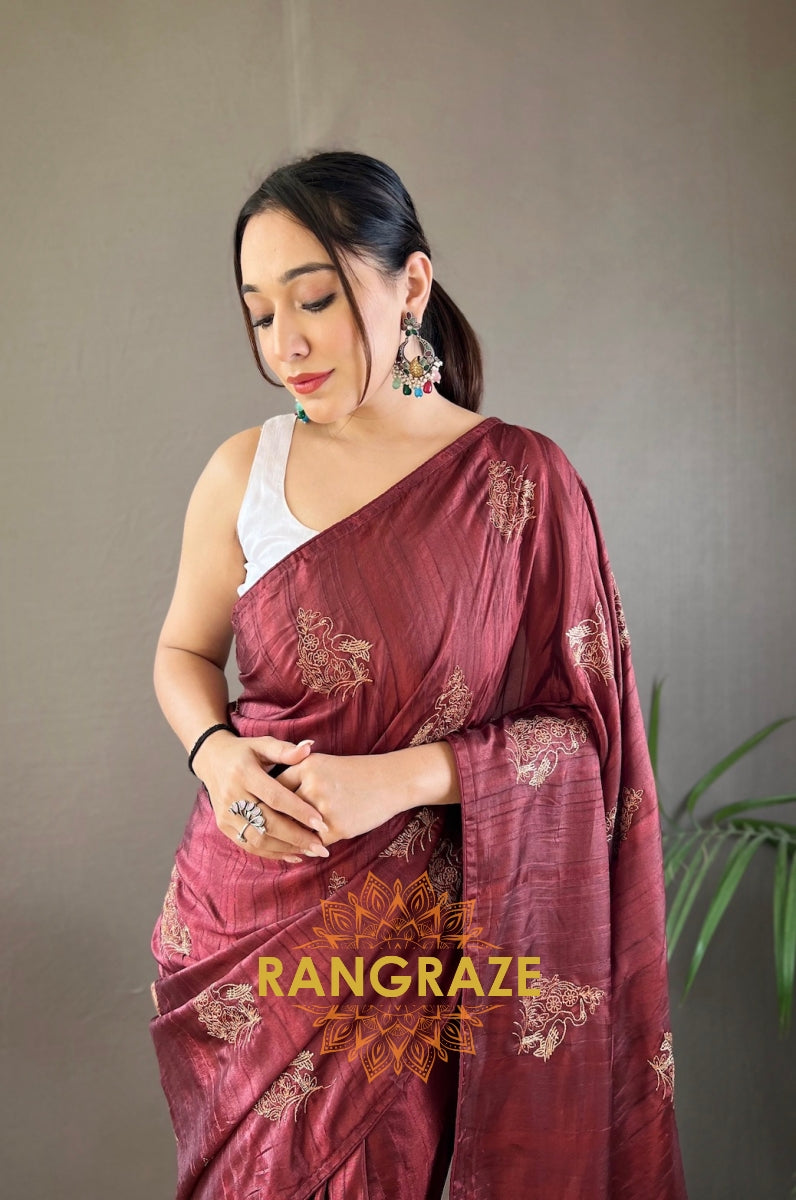 Maroon Pink Silk Saree With Zari-Based Embroidery And Piping