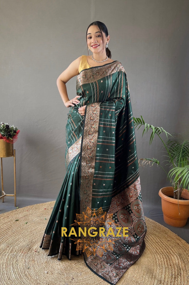 Green Silk Saree With Silver, Copper, And Antique Weaving