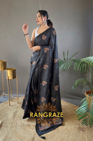 Jet Black Silk Saree With Zari-Based Embroidery And Piping