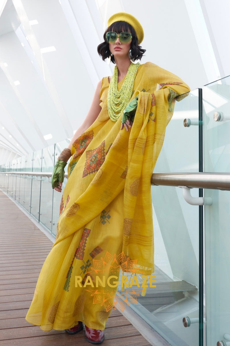 Couture Yellow Woven Linen Silk Printed Saree