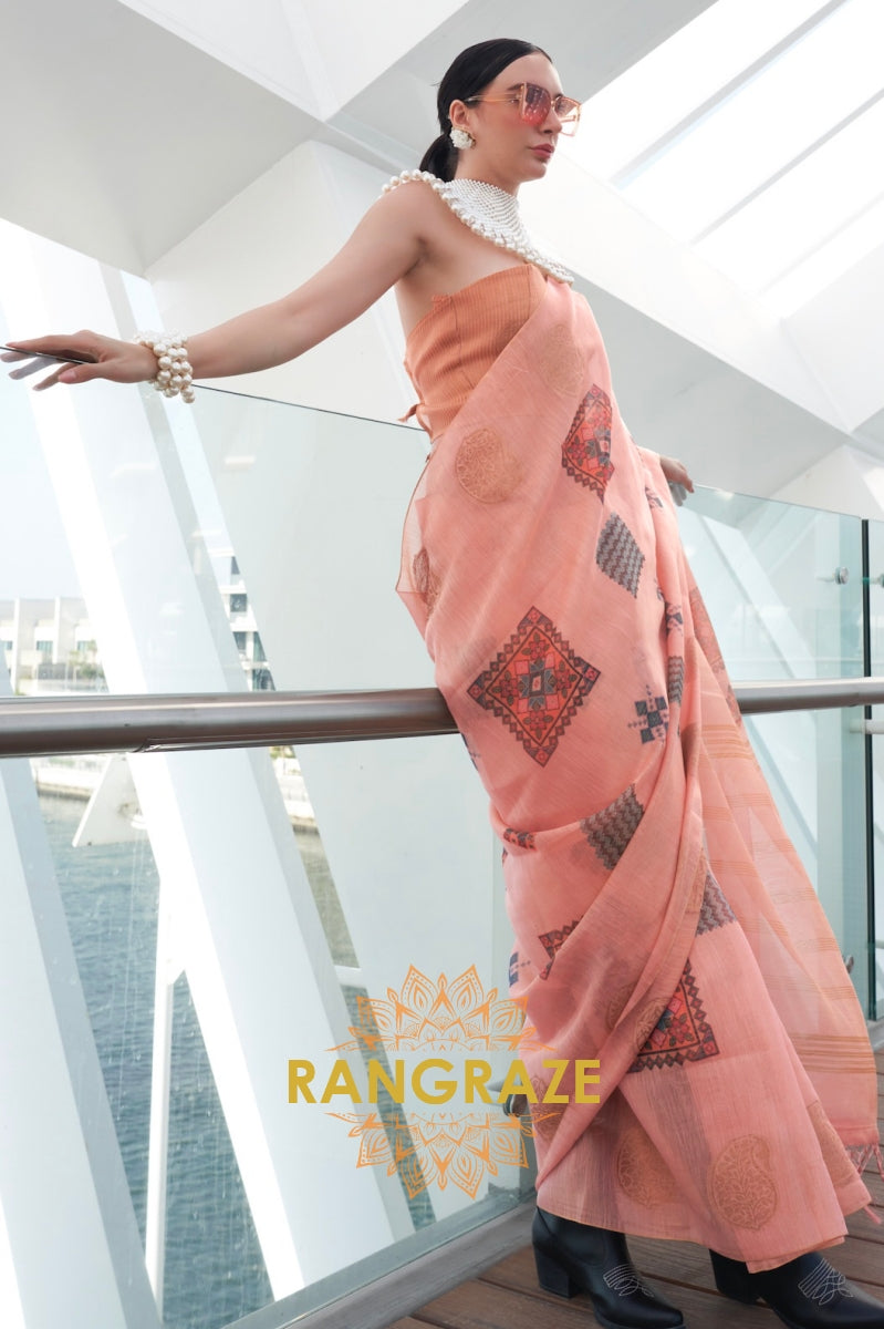 Couture Peachy Orange Woven Linen Silk Printed Saree