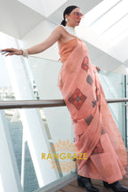 Couture Peachy Orange Woven Linen Silk Printed Saree