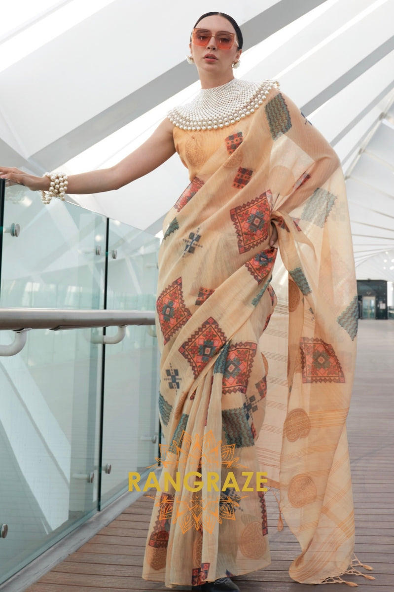 Couture Beige Yellow Woven Linen Silk Printed Saree