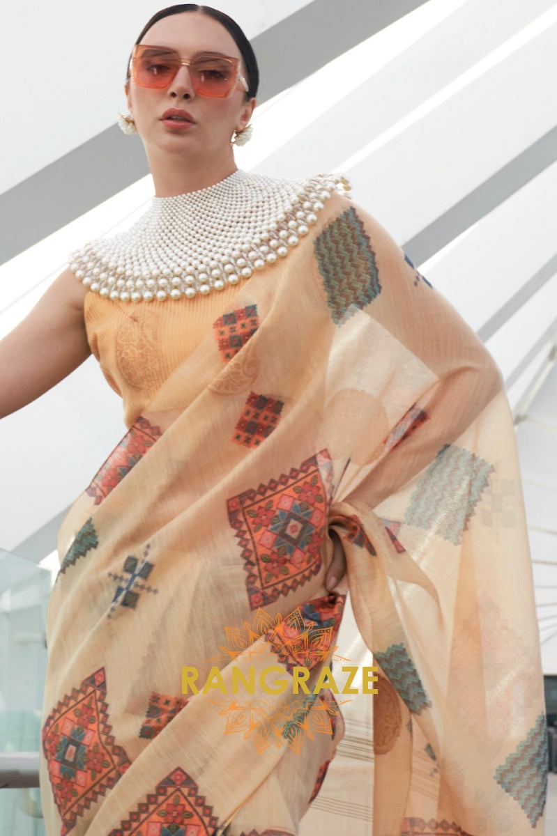 Couture Beige Yellow Woven Linen Silk Printed Saree