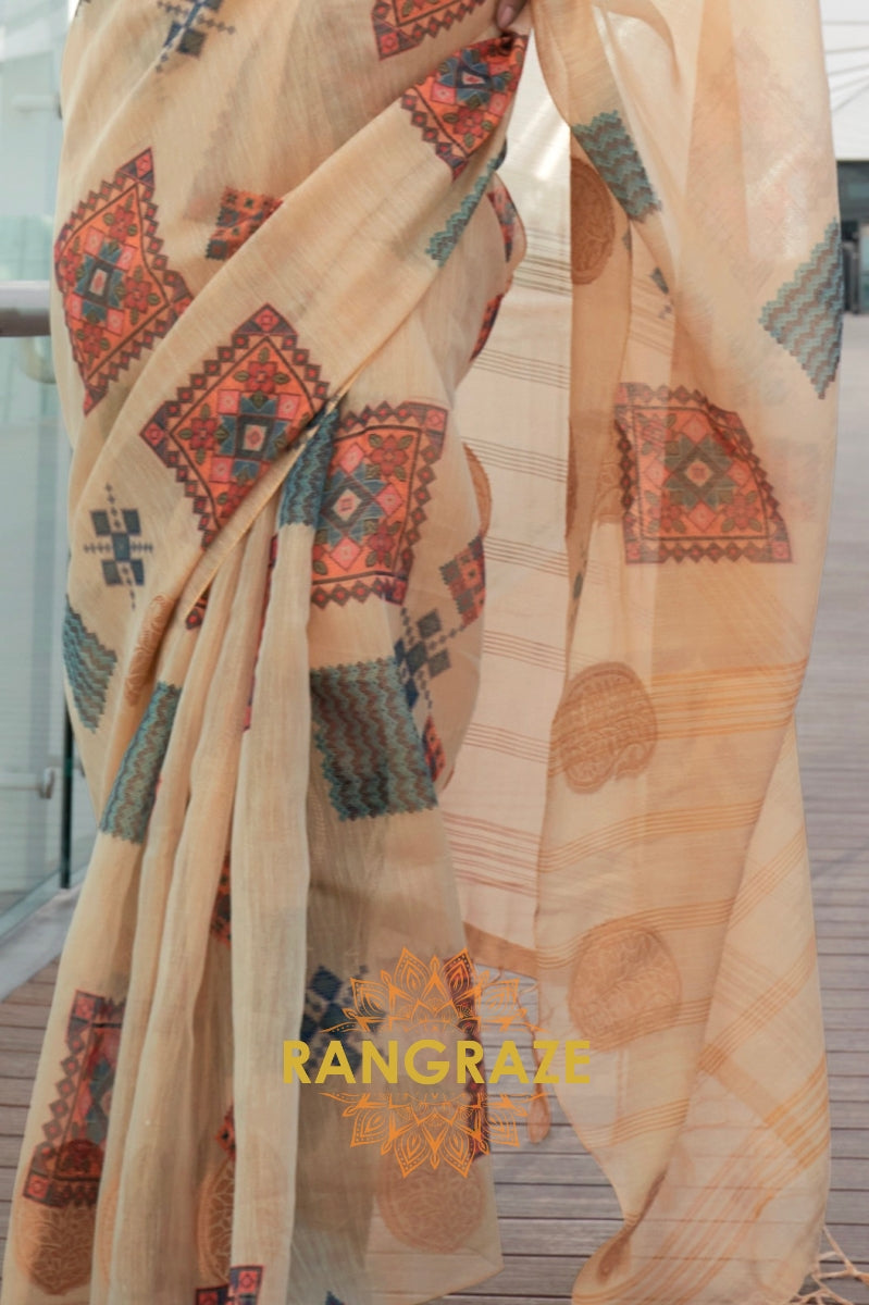 Couture Beige Yellow Woven Linen Silk Printed Saree