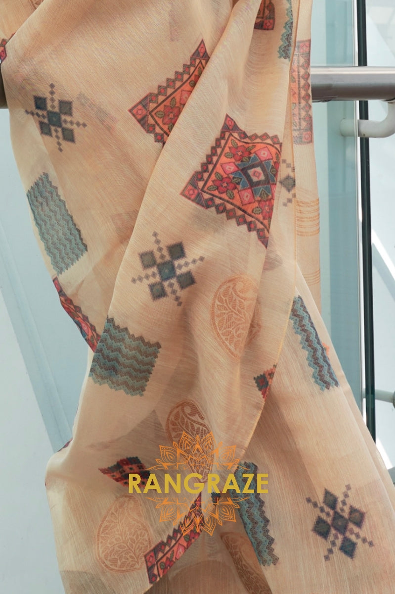 Couture Beige Yellow Woven Linen Silk Printed Saree