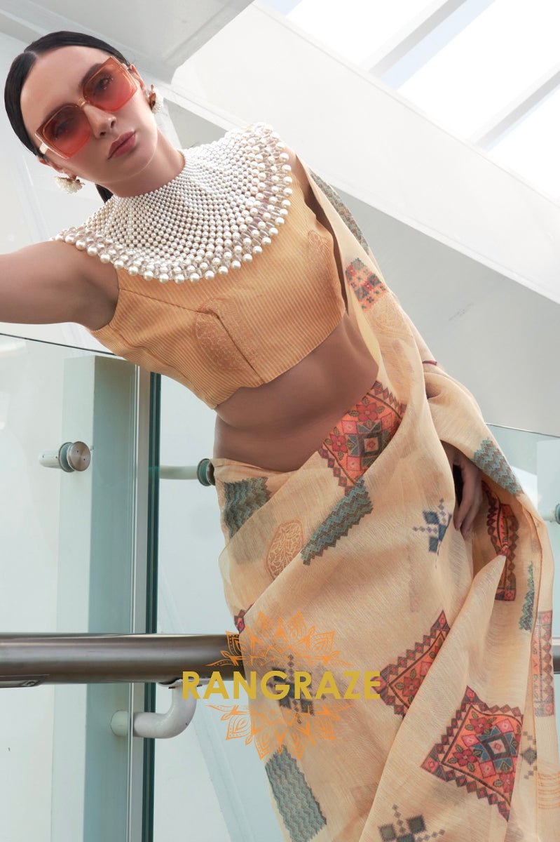Couture Beige Yellow Woven Linen Silk Printed Saree