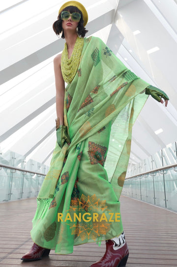 Couture Emerald Green Woven Linen Silk Printed Saree